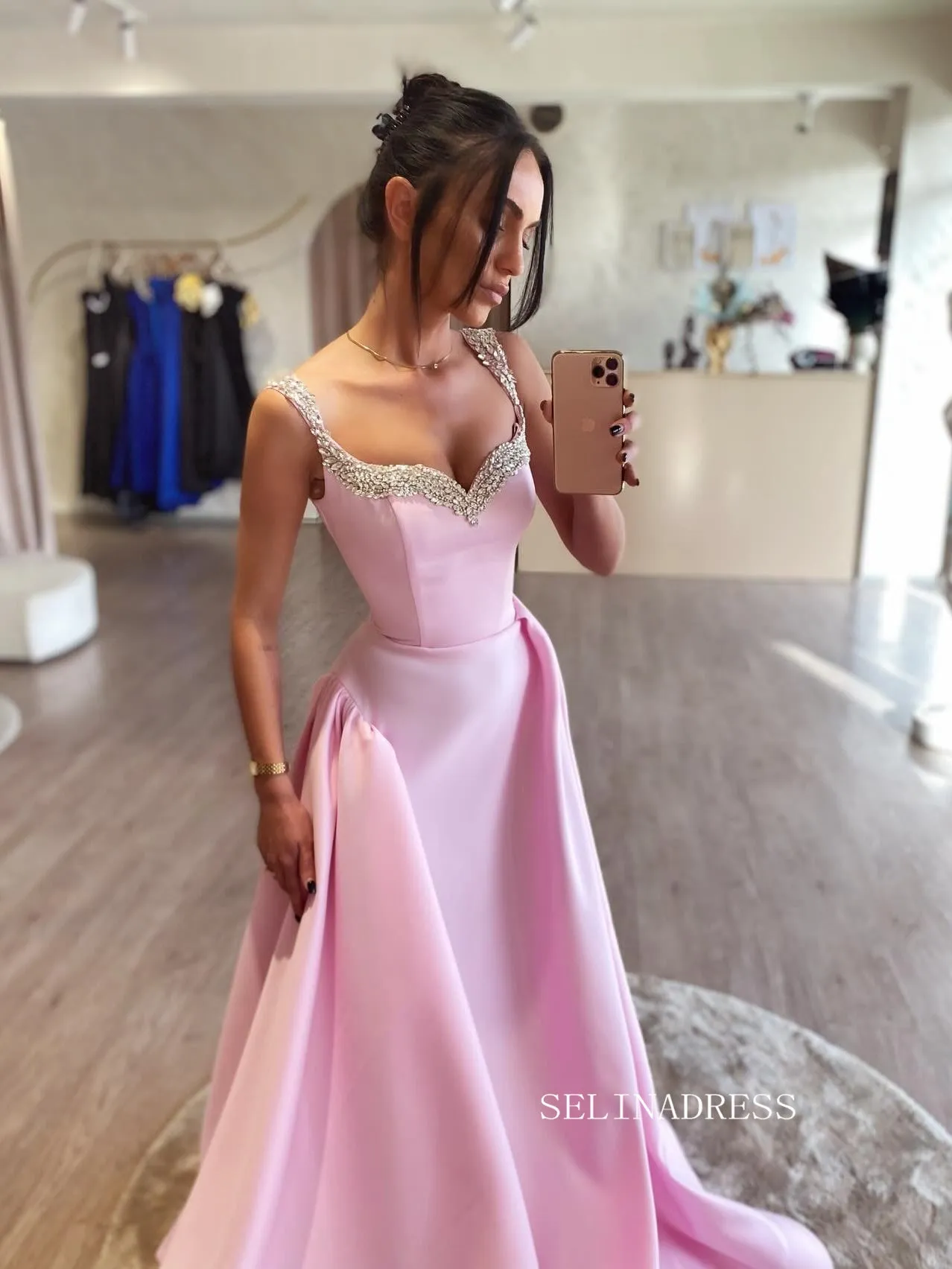 A-line Straps Pink Beaded Long Prom Dress SEW1124