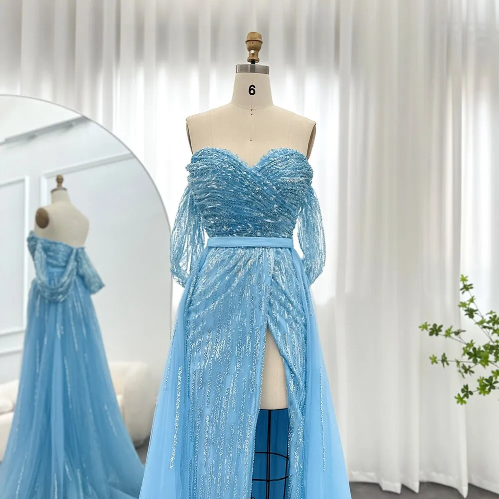 For Sale Blue Off-shoulder Slit Evening Dress with Overskirt SS257