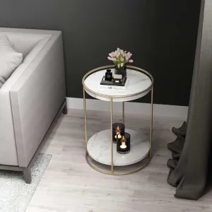 Marble Top 2 Tier Side Table With Storage Shelf | Living Room End Table Golden Color